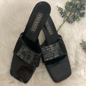 PREVATA ITALIAN BLACK LEATHER MESH SQUARE HEELED MULES/SANDALS MADE IN I…
